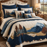 Navy Mountain Pine Tree Landscape Quilted 3-Piece Bedding Set