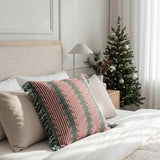 Red Green Striped Fringed Pillow Cover