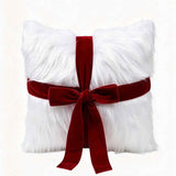 White Faux Fur Red Velvet Bow Pillow Cover