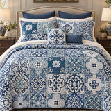 Blue Mediterranean Tile Patchwork Quilted 3-Piece Bedding Set