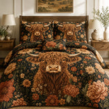 H.PAI Highland Cow Wildflower Garden Quilted 3-Piece Bedding Set