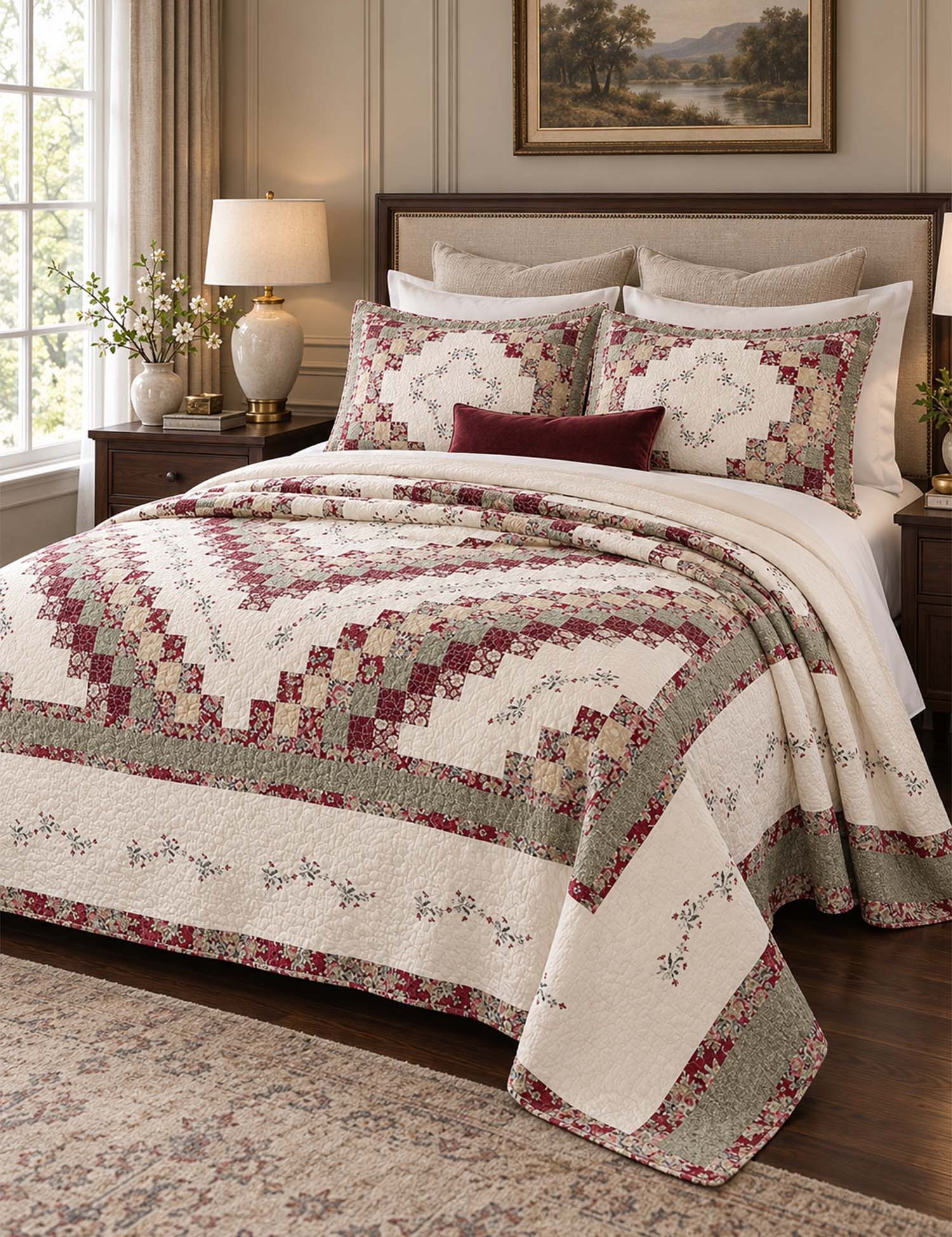 Sage Floral Patchwork Embroidered 100% Cotton Quilted 3-Piece Bedding Set