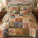 Autumn Botanical Patchwork Quilted 3-Piece Bedding Set