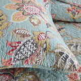 Teal Blue Vintage Garden Harvest Floral Patchwork Quilted 3‑Piece Bedding Set