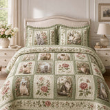 H.PAI Vintage Rose Cat Garden Quilted 3-Piece Bedding Set