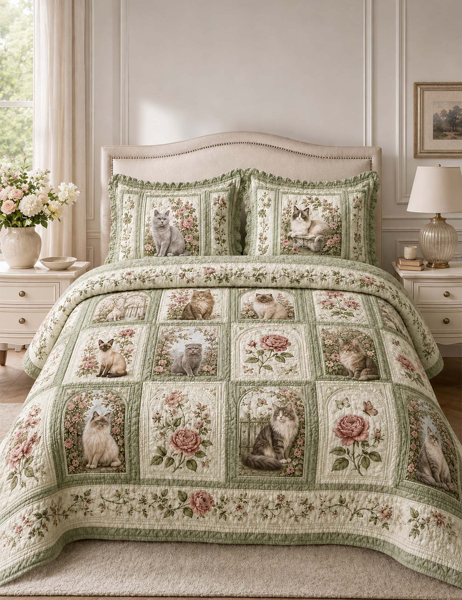 H.PAI Vintage Rose Cat Garden Quilted 3-Piece Bedding Set