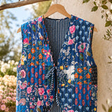Floral Mixed - Reversible Vintage Patchwork Quilted Vest Tie-Front Waistcoat