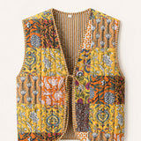 Vintage Yellow Patchwork - Reversible Vintage Patchwork Quilted Vest Tie-Front Waistcoat