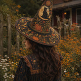 H.PAI Black Cat Autumn Garden Handcrafted Quilted Witch Hat
