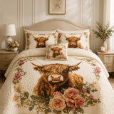 H.PAI Highland Cow Rose Garden Quilted 3-Piece Bedding Set