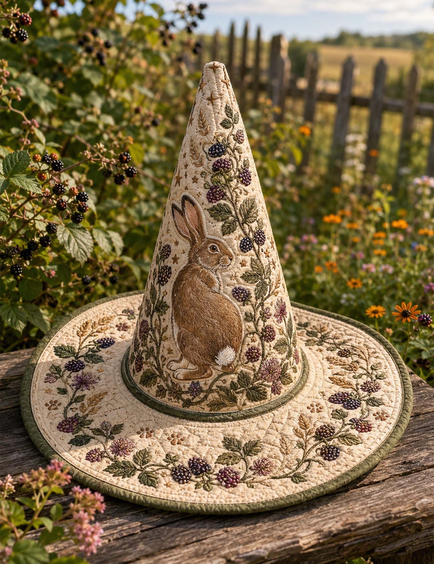 H.PAI Woodland Rabbit Cottagecore Botanical Handcrafted Quilted Witch Hat