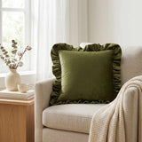 Olive Green Velvet Ruffle Throw Pillow Cover