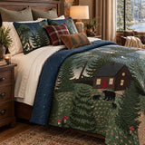 Moonlit Bear Cabin Forest Quilted 3-Piece Bedding Set