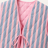 Pink Blue Stripe - Reversible Vintage Patchwork Quilted Vest Tie-Front Waistcoat