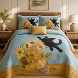 H.PAI Black Cat Sunflower Garden Quilted 3-Piece Bedding Set