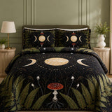 H.PAI Moonlit Mushroom Forest Quilted 3-Piece Bedding Set – Dark Botanical Quilted Bedding With Matching Pillow Shams