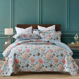 Light Blue Vintage Rose Floral Quilted 3‑Piece Bedding Set