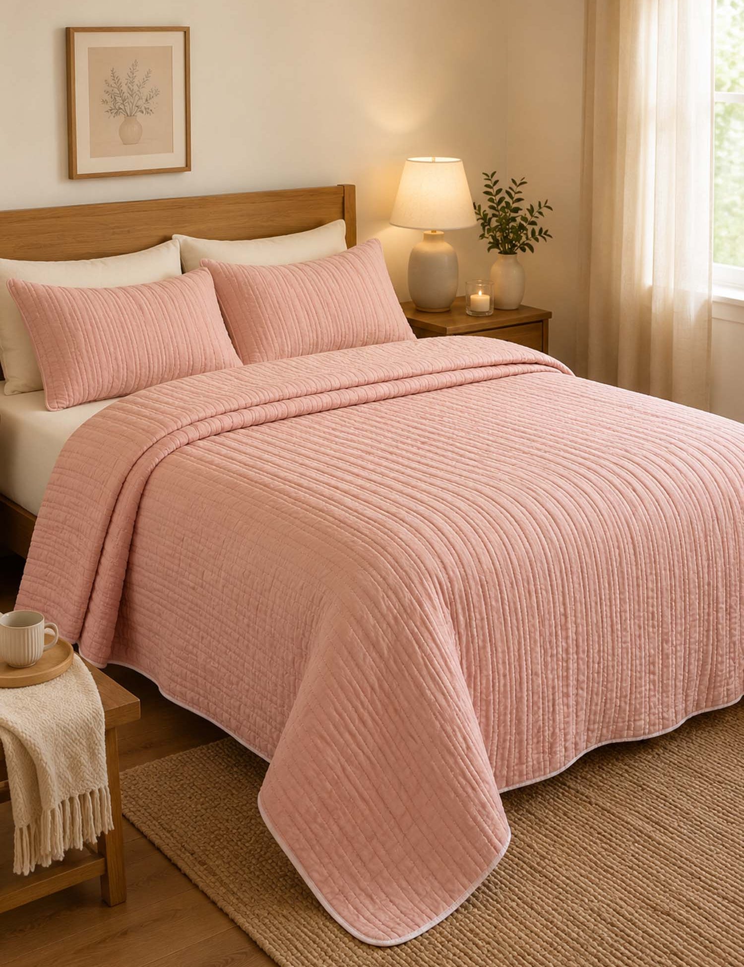 Solid 100% Cotton Bed Cover 3‑Piece Set Quilted