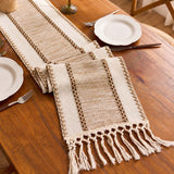 Boho Cotton-Linen Colorblock Knotted Openwork Fringe Table Runner
