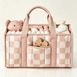 Sweet Pink Checkerboard Nursery Storage Caddy - Cute Portable Diaper Basket & Organizer Tote Bag for Moms & Babies