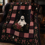 Ghost Rose & Black Cat Patchwork Quilted Blanket