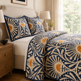 H.PAI Navy Sunburst Botanical Quilted 3-Piece Bedding Set