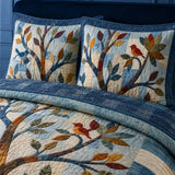 H.PAI Woodland Tree & Cat Quilted 3-Piece Bedding Set – Vintage Cottage Garden Quilted Bedding With Matching Pillow Shams