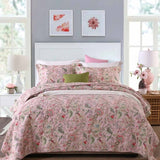 Soft Pink Country Botanical Floral Print Quilted 3‑Piece Bedding Set