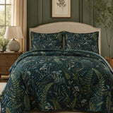 H.PAI Enchanted Forest Mushroom Quilted 3-Piece Bedding Set – Dark Botanical Quilted Bedding With Matching Pillow Shams