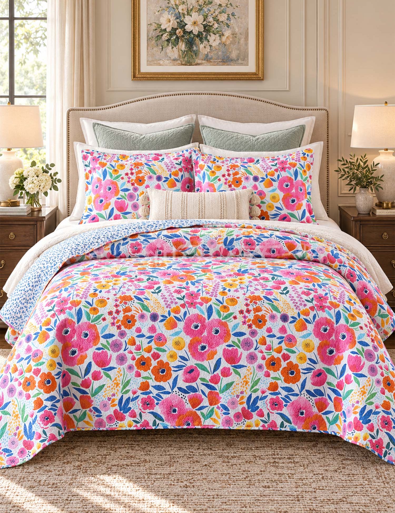 Wildflower Garden Reversible 100% Cotton Quilted 3-Piece Bedding Set