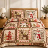 Rustic Reindeer Snowman Christmas Quilted 3-Piece Bedding Set
