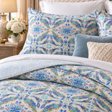 Pastel Blue Botanical Medallion Reversible 100% Cotton Quilted Bedding Set