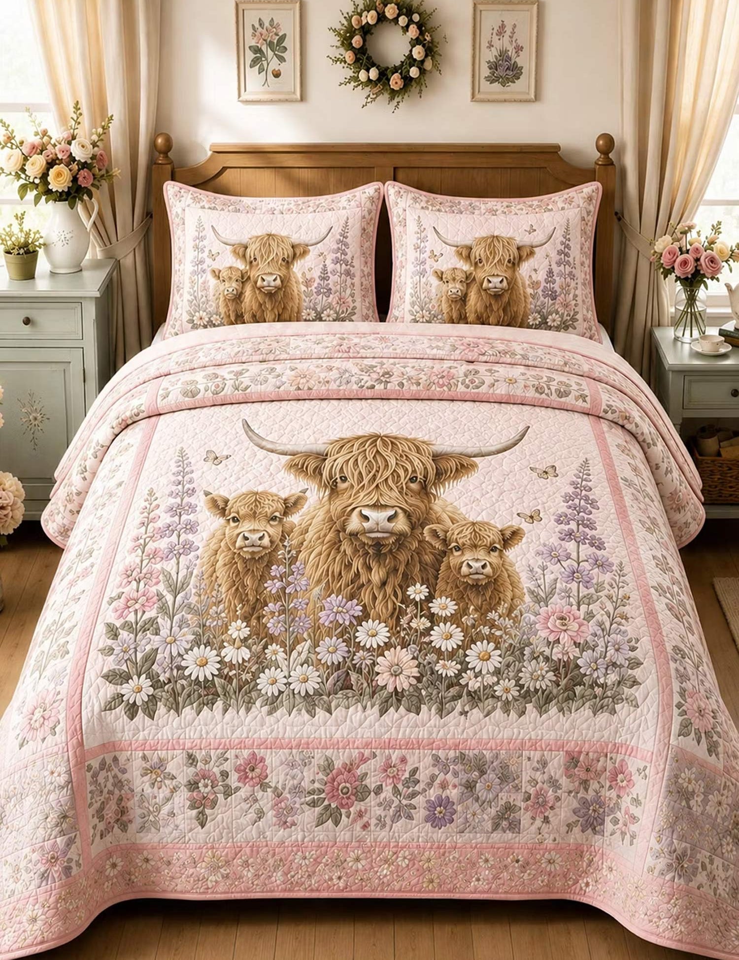 H.PAI Garden Highland Cow Gathering 3-Piece Quilted Bedding Set