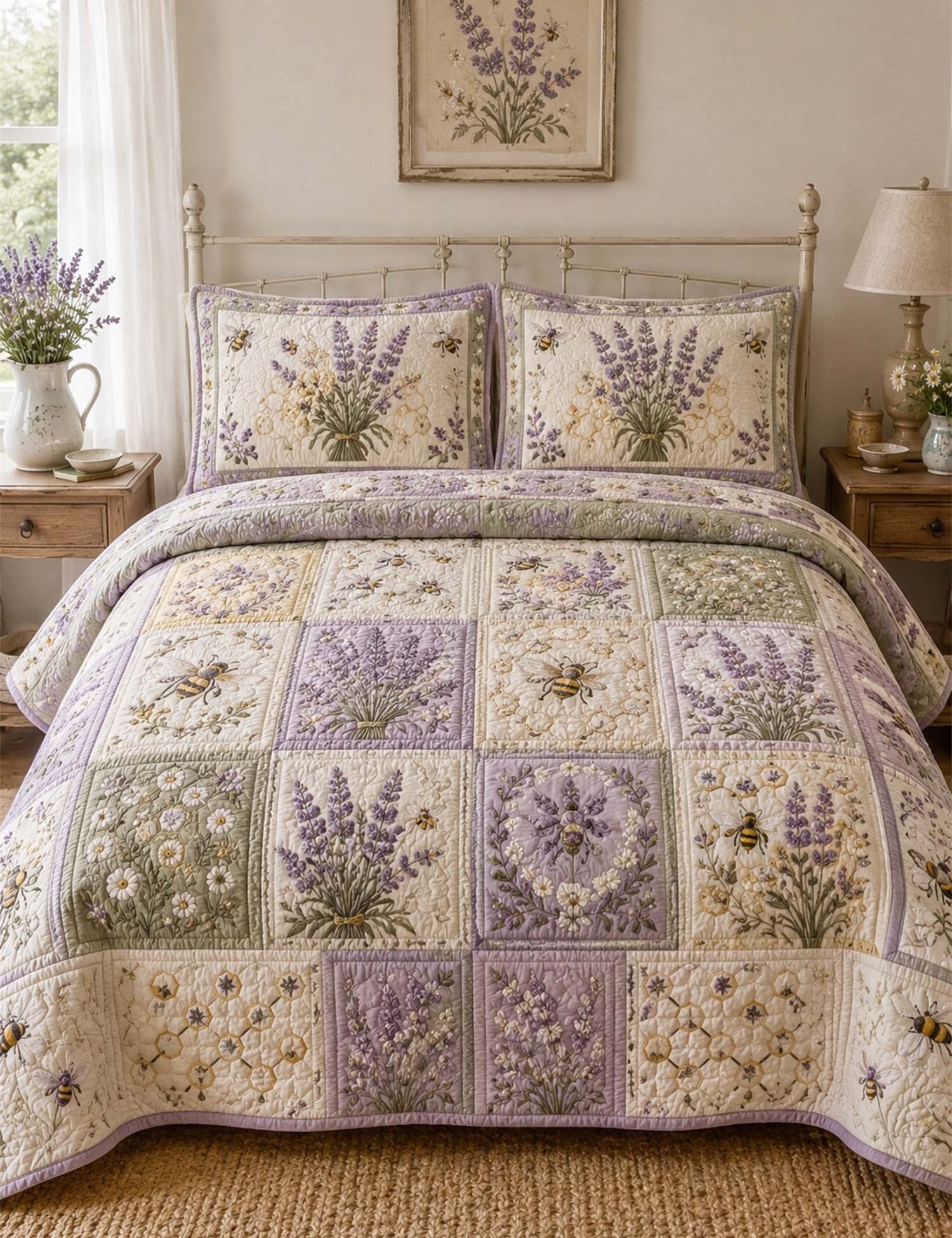 Lavender Bee Quilted 3-Piece Bedding Set – Classic Americana Quilted Bedding With Matching Pillow Shams