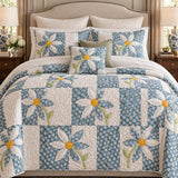 Blue Daisy Cottage Patchwork Quilted 3-Piece Bedding Set