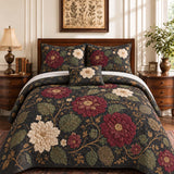 H.PAI Dark Botanical Floral Quilted 3-Piece Bedding Set