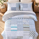 Blue & Ivory Geometric Patchwork Quilted 3-Piece Bedding Set