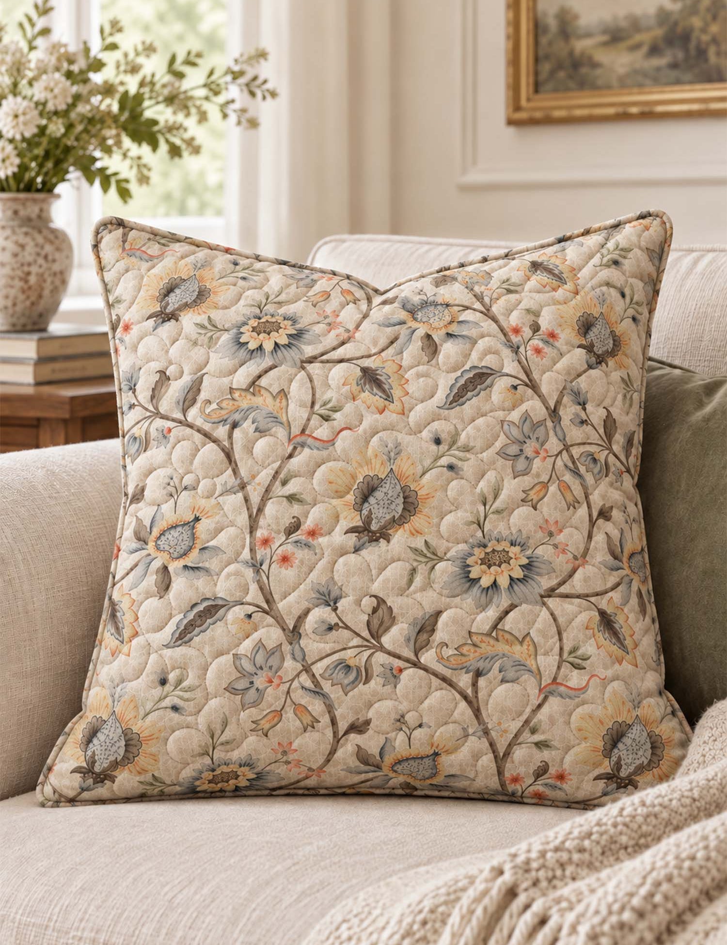 Vintage Botanical Floral Quilted Pillow Cover