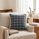 Navy Green Plaid Pom Pom Throw Pillow Cover