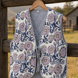 Pink Vine And Orange Flower - Reversible Vintage Patchwork Quilted Vest Tie-Front Waistcoat