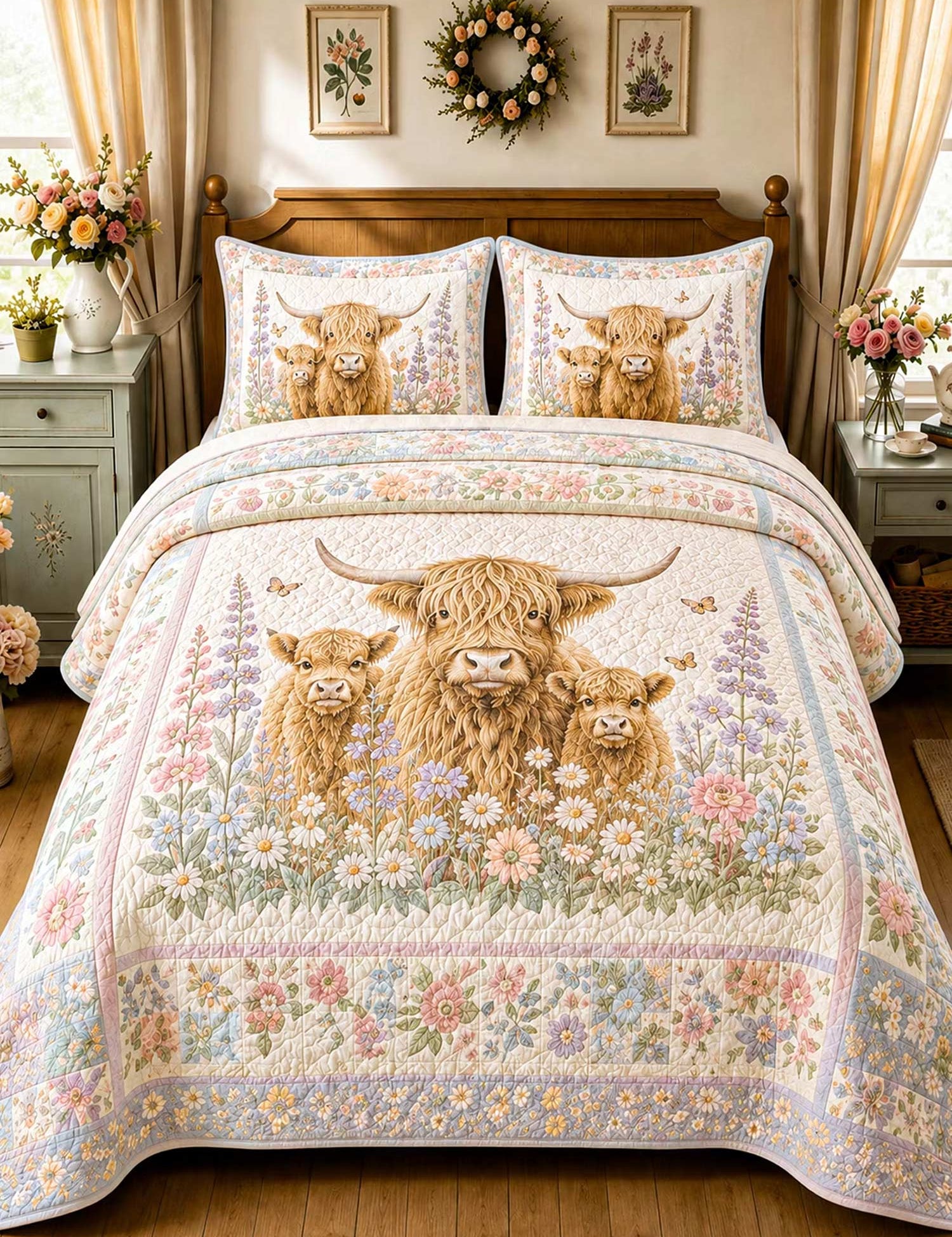 H.PAI Garden Highland Cow Gathering 3-Piece Quilted Bedding Set