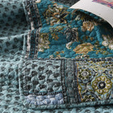 Teal Blue Floral Block Patchwork Quilted 3‑Piece Bedding Set