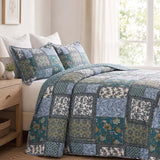 Teal Blue Floral Block Patchwork Quilted 3‑Piece Bedding Set