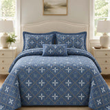 H.PAI Blue Floral Diamond Quilted 3-Piece Bedding Set