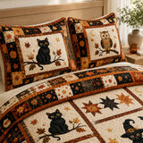 H.PAI Black Cat Halloween Pumpkin Quilted 3-Piece Bedding Set