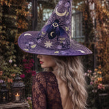 H.PAI Purple Moon Mystic Celestial Handcrafted Quilted Witch Hat