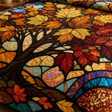 H.PAI Autumn Tree of Life Quilted 3-Piece Bedding Set – Stained Glass Harvest Quilted Bedding With Matching Pillow Shams