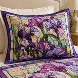 H.PAI Purple Iris Quilted 3-Piece Bedding Set – Vintage Stained Glass Garden Quilted Bedding With Matching Pillow Shams