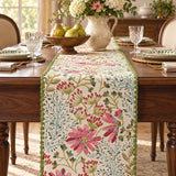 Vintage Floral Botanical Faux Linen Jacquard Scalloped Edge Table Runner