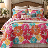 Vibrant Poppy Floral Reversible 100% Cotton Quilted 3-Piece Bedding Set
